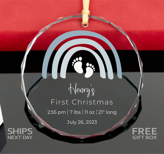 Baby Info Ornament • Personalized Baby Boy GLASS Ornament • First Christmas Ornament • Rainbow Baby Boy Newborn Gift • Footprints Ornament 