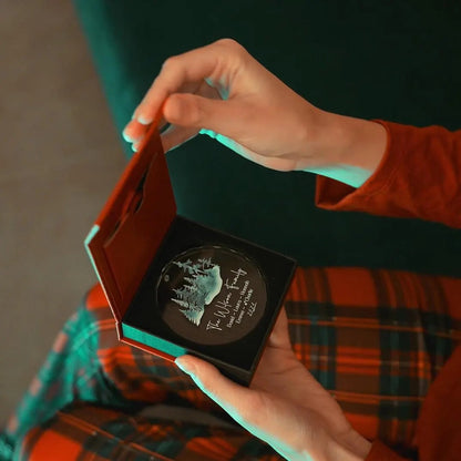 Personalized glass ornament opened from its gift box