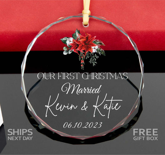 First Christmas Married GLASS Ornament • Wedding Date GLASS Ornament • Newlywed Christmas Gift 