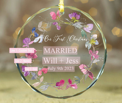 Floral First Christmas Married Ornament 2023 • Couples Christmas Ornament •  Engaged Ornament •  Engagement Gift 