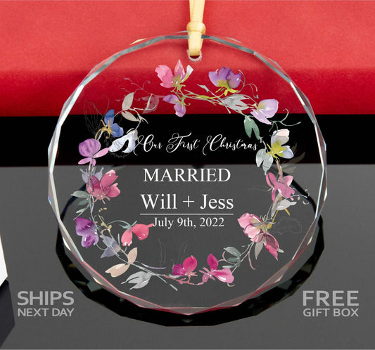 Floral First Christmas Married Ornament 2023 • Couples Christmas Ornament •  Engaged Ornament •  Engagement Gift 