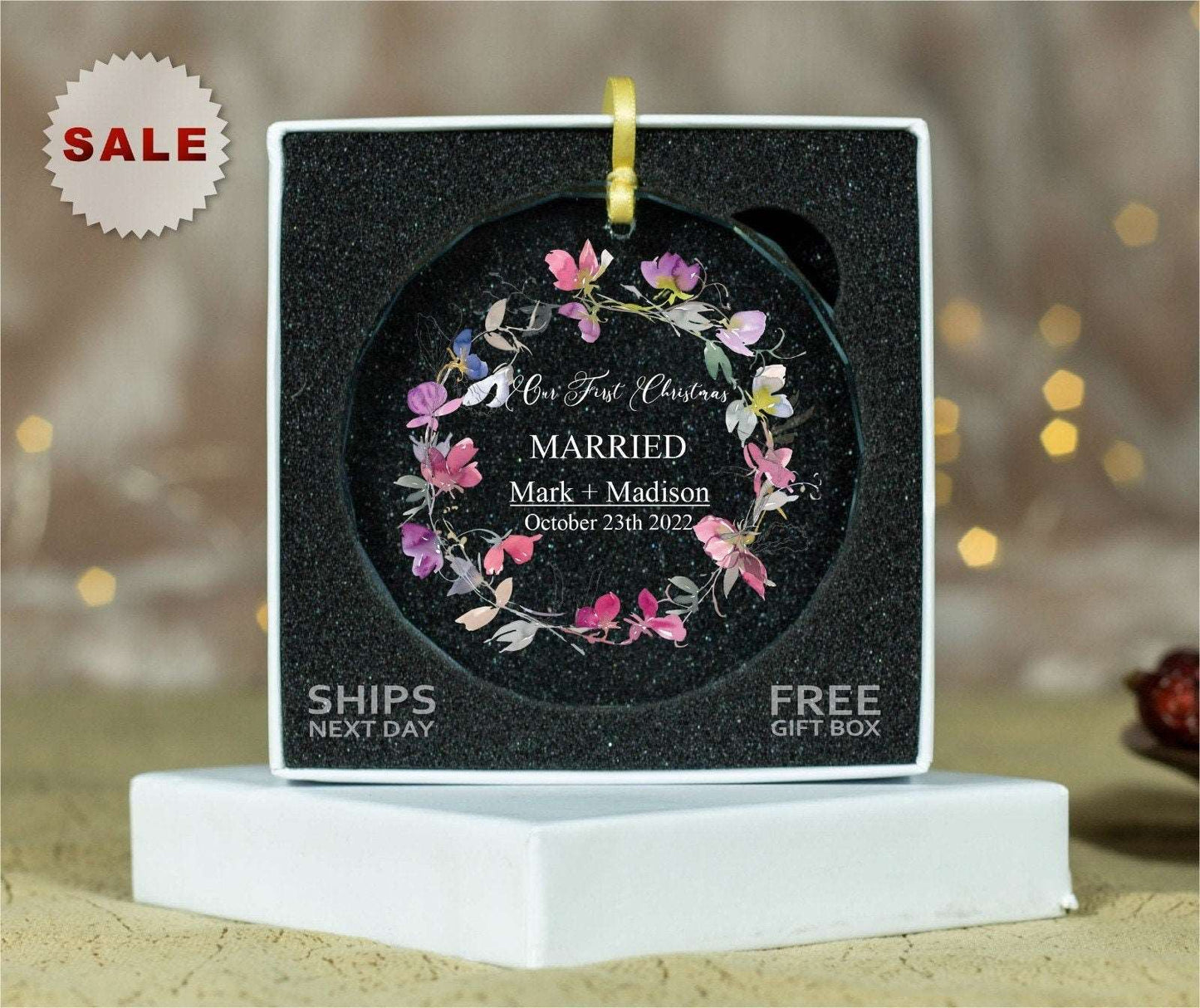 Floral First Christmas Married Ornament 2023 • Couples Christmas Ornament •  Engaged Ornament •  Engagement Gift 