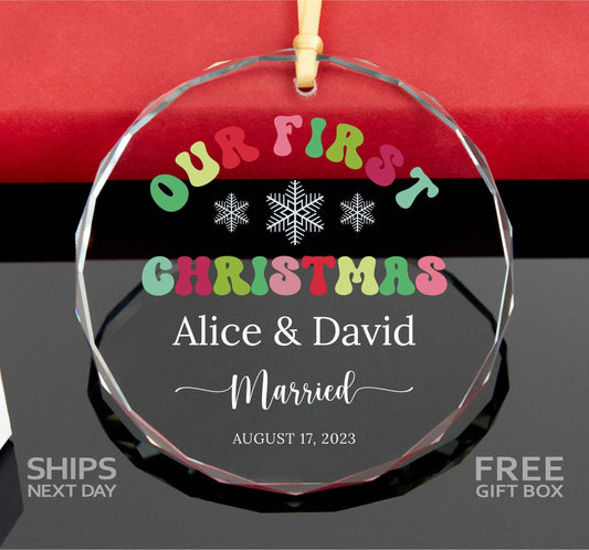 Groovy First Christmas as Married GLASS Ornament • Newlywed Gift for Christmas • Engaged Keepsake • Together Ornament 