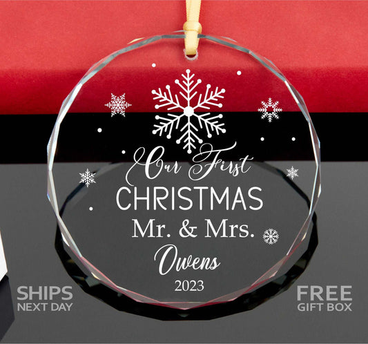 Mr and Mr. Christmas GLASS Ornament • Snowflake First Christmas Ornaments • 2023 Newlywed Gift 