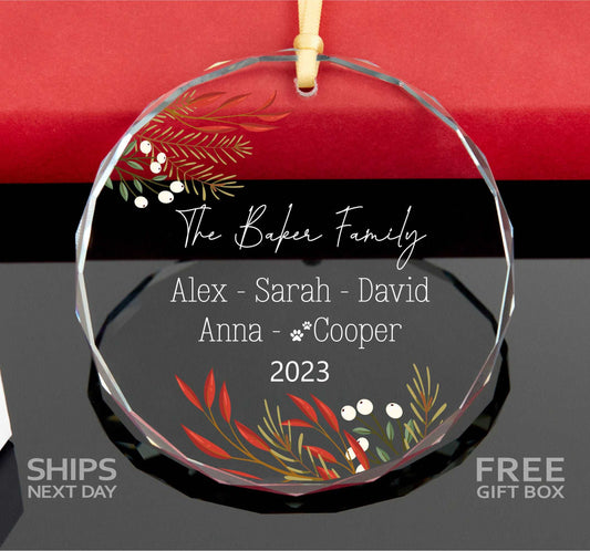 Personalized 2023 Family Ornament with Pet Names • Family Christmas Ornament • Family Ornament with Dogs • Clear Glass Ornament 