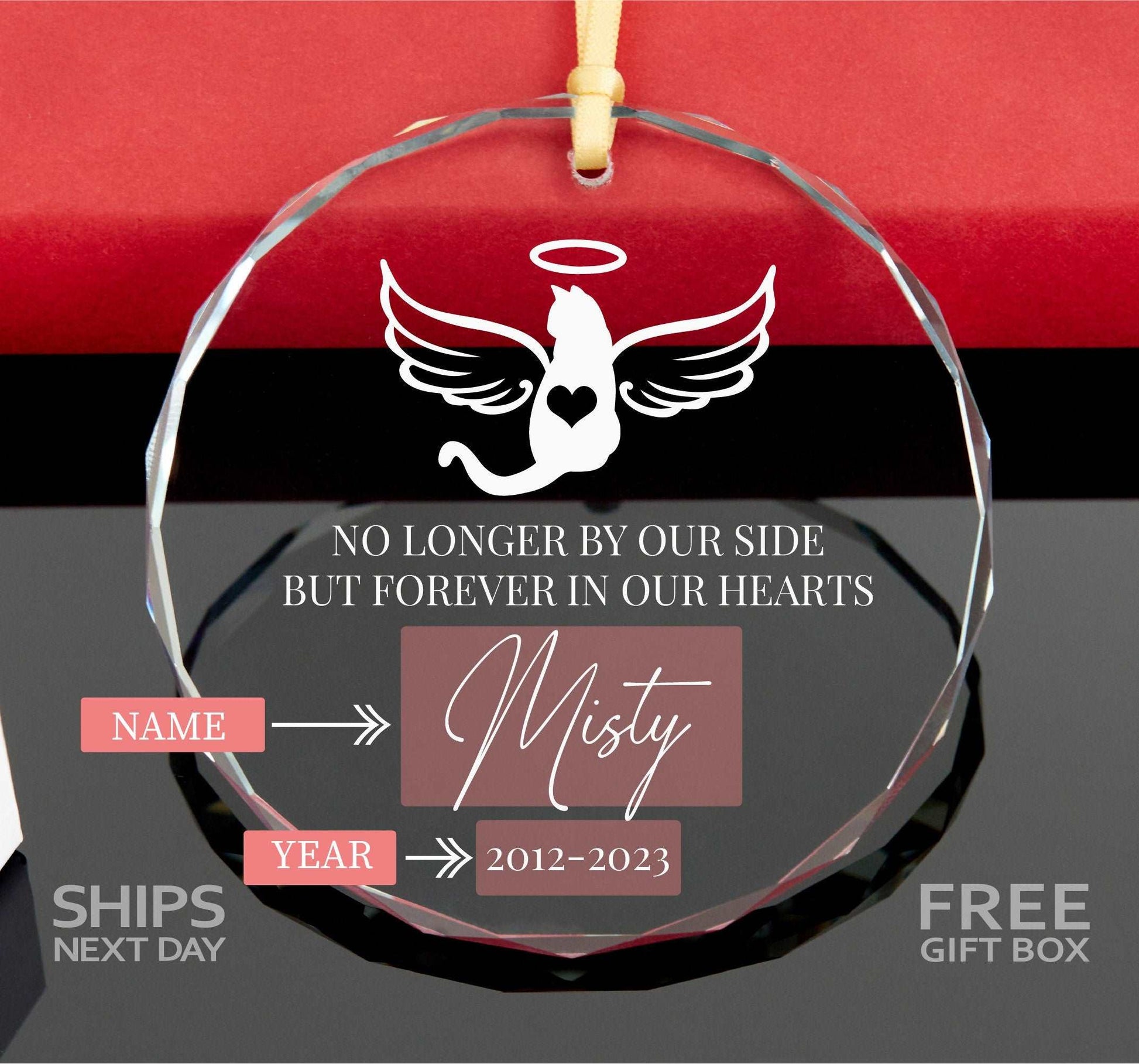 Personalized Cat Memorial Ornament • Cat with Wings Christmas Ornament • Cat Angel Glass Ornament • Personalized Glass Ornament 