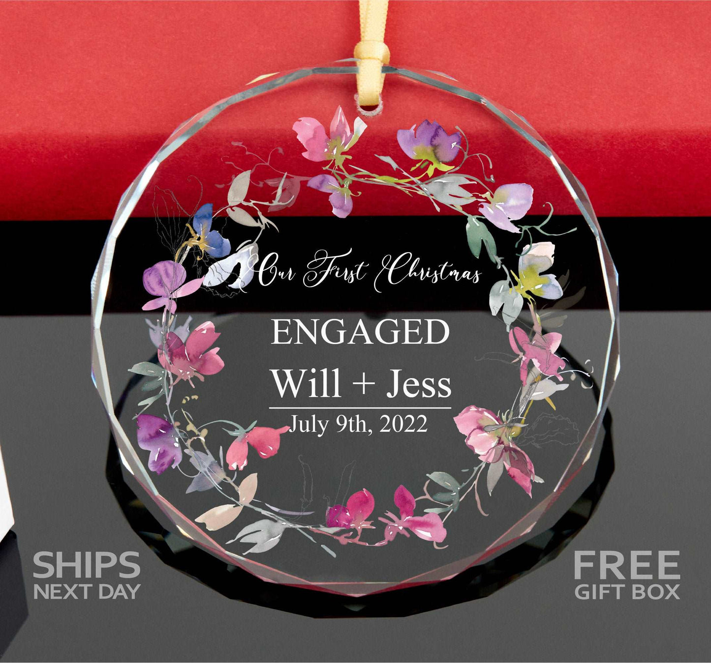 Personalized Engagement Christmas Ornament • First Christmas as Engaged GLASS Ornament • Floral Wedding Gift 