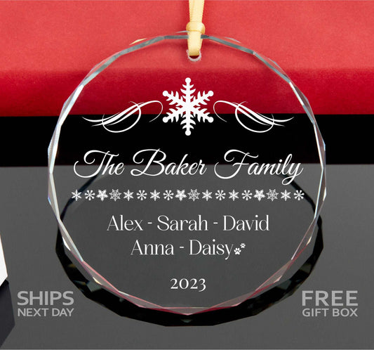 Personalized Family Christmas GLASS Ornament • Family Name Ornament with Pet Names • Dog Name Ornament • Cat Name Ornament 