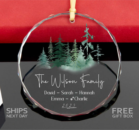 Personalized Family Christmas Glass Ornament with Pet Name • Forest Ornament • Family Members Name Ornament • Christmas Keepsake 