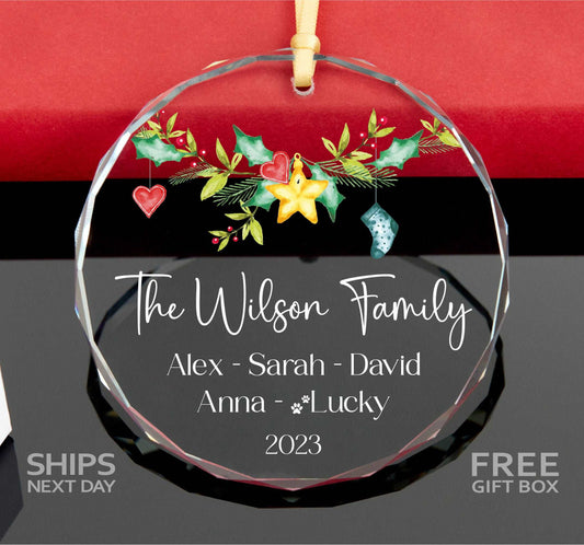 Personalized Family Christmas Ornament 2023 • Family with Pet Ornament •  Xmas Tree Ornament •  Custom Glass Ornament 