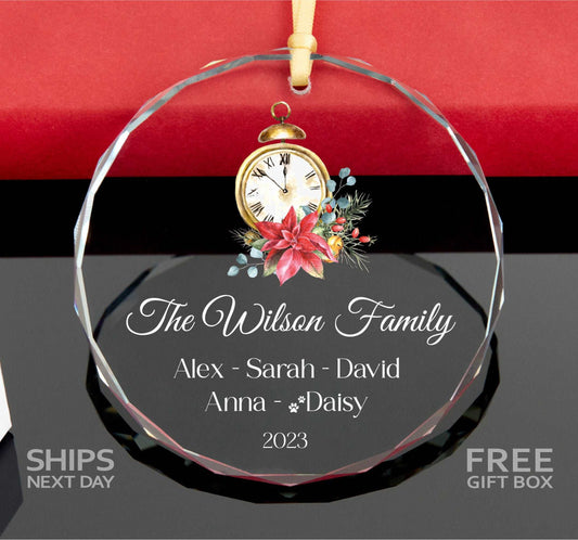 Personalized Family Christmas Ornament • Family Ornament with Pet Name • Clear Glass Christmas Ornament •  2023 Christmas Tree Ornament 