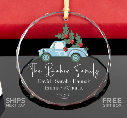 Personalized Family Christmas Ornament • Family with Pets Ornament • Christmas Tree Ornament • Vintage Truck Ornament 