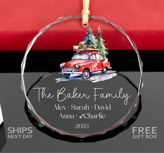 Personalized Family Christmas Ornament with Pet Name • Red Truck 2023 Christmas Gift • Family Name Xmas Keepsake 