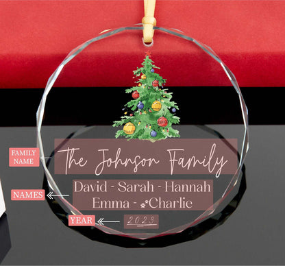 Personalized Family Christmas Ornament with Pets • Christmas Tree Ornament • Family Keepsake • Clear Glass Christmas Ornament 