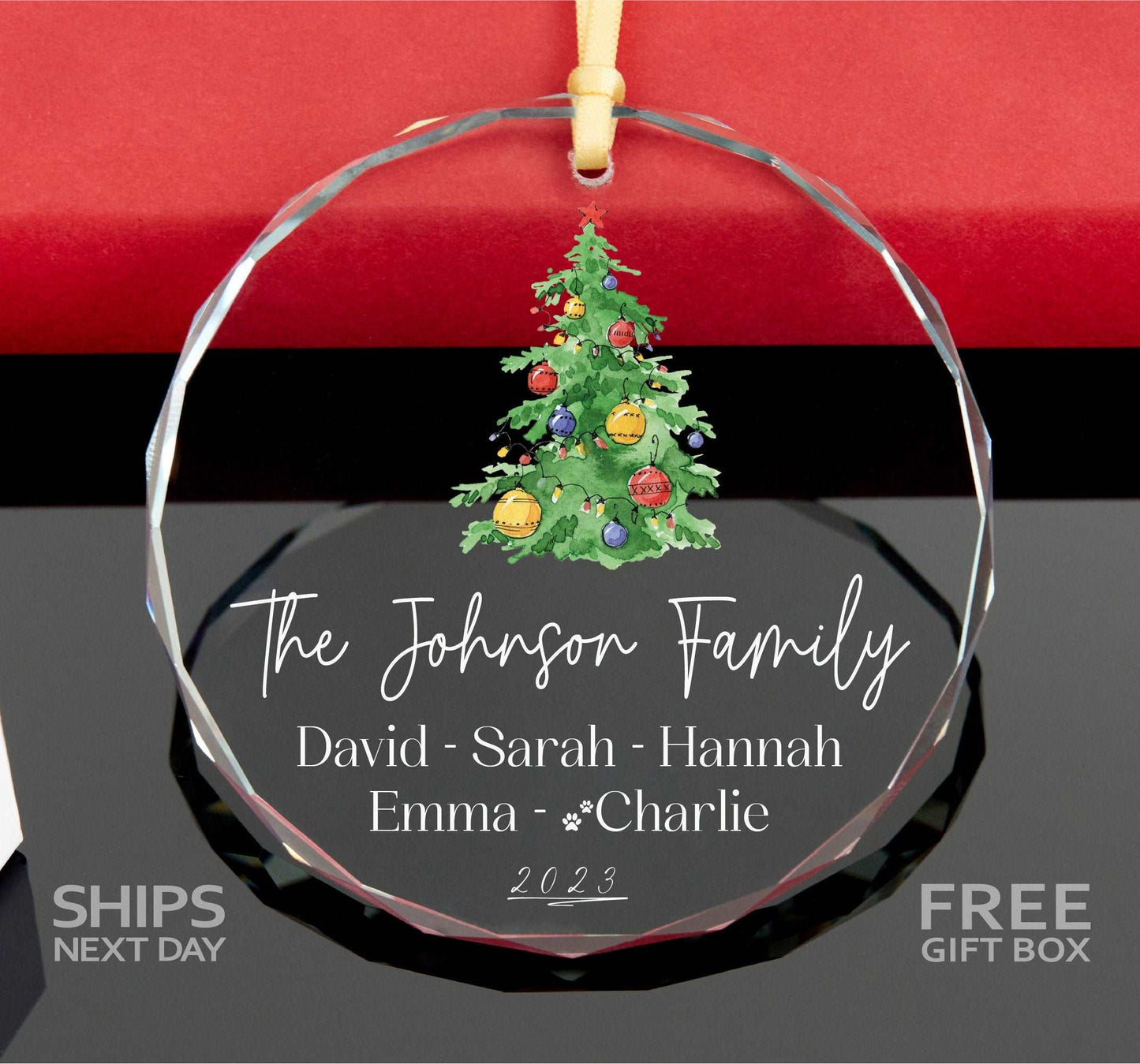 Personalized Family Christmas Ornament with Pets • Christmas Tree Ornament • Family Keepsake • Clear Glass Christmas Ornament 