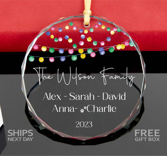 Personalized Family Ornament • Xmas Lights Ornament • 2023 Christmas Ornament with Pets • Family Christmas Ornament with Dog and Cat 