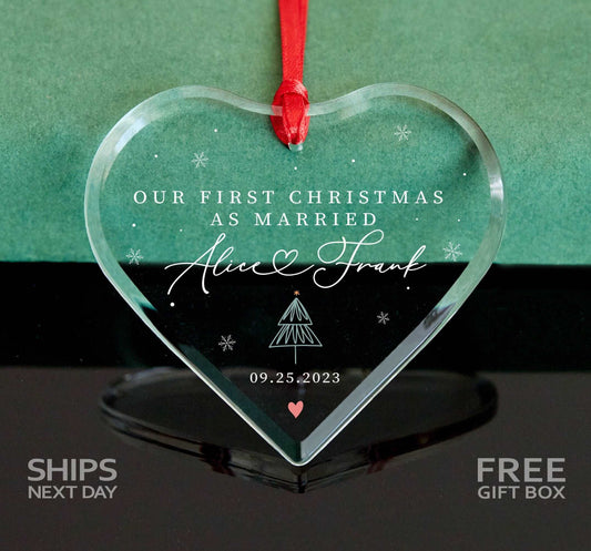 Personalized First Christmas As Married Ornament • Anniversary Gift • Engagement Gift • Christmas Heart Glass Ornament • Mr and Mrs GLASS Ornament 