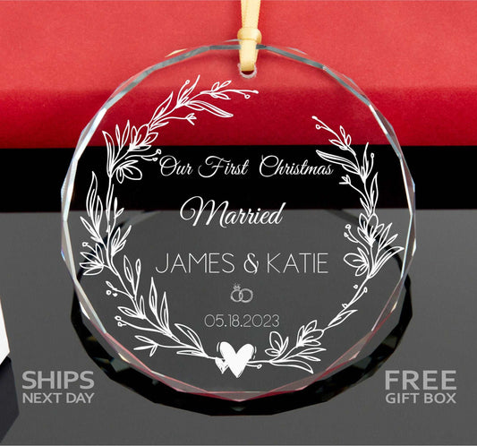 Personalized First Christmas Married GLASS Ornament • Wedding Ornament • Engagement Gift • Married Ornament 