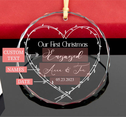 Personalized First Christmas as Engaged Ornament,  Love Heart Ornament, Couples Ornament, Engagement Gift 