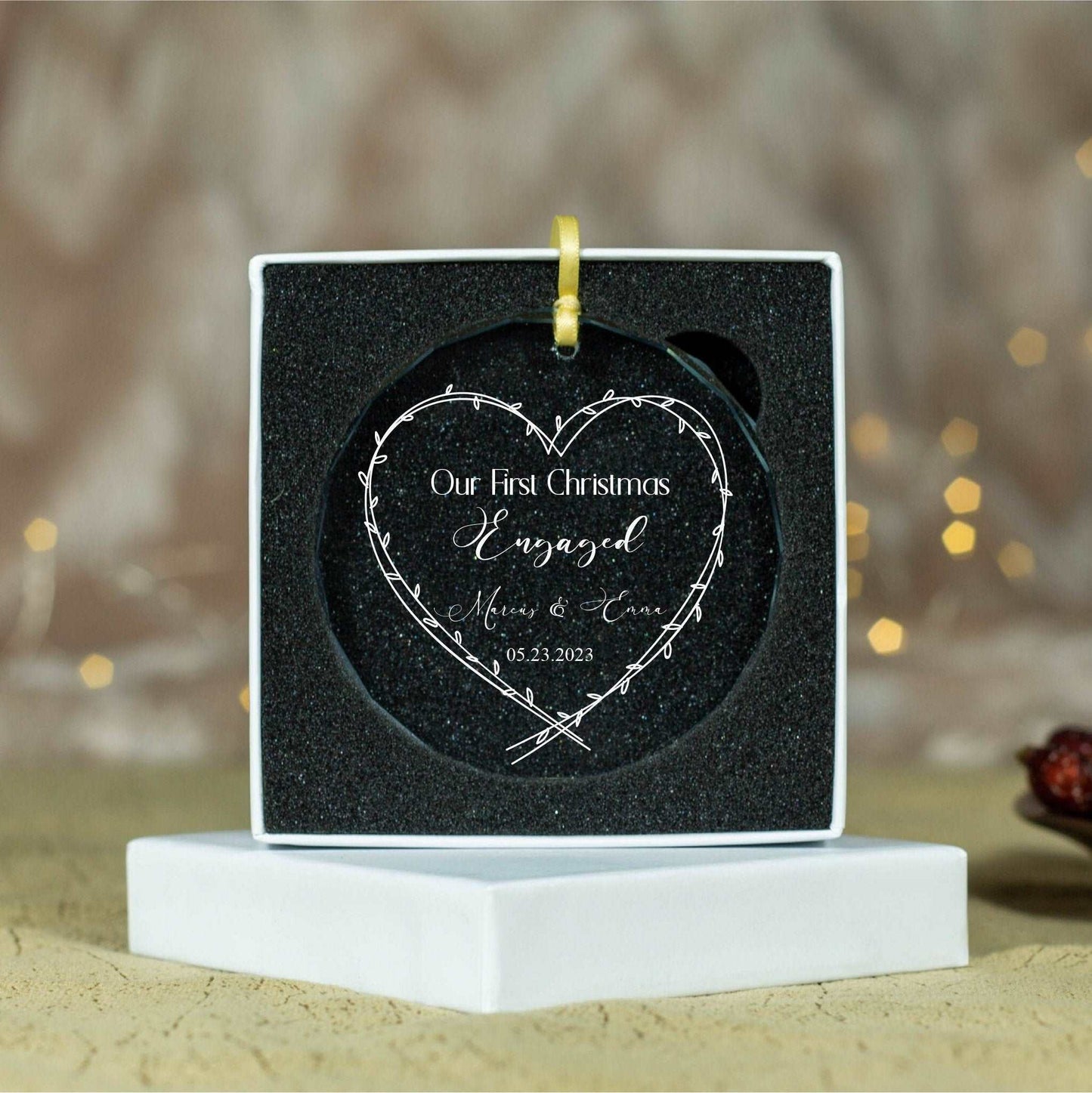 Personalized First Christmas as Engaged Ornament,  Love Heart Ornament, Couples Ornament, Engagement Gift 