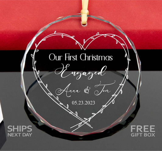 Personalized First Christmas as Engaged Ornament,  Love Heart Ornament, Couples Ornament, Engagement Gift 