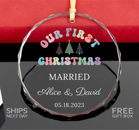 Personalized First Christmas as Married GLASS Ornament • Anniversary Gift • 2023 Newlywed Gift for Christmas • Engaged Ornament • Together Ornament 