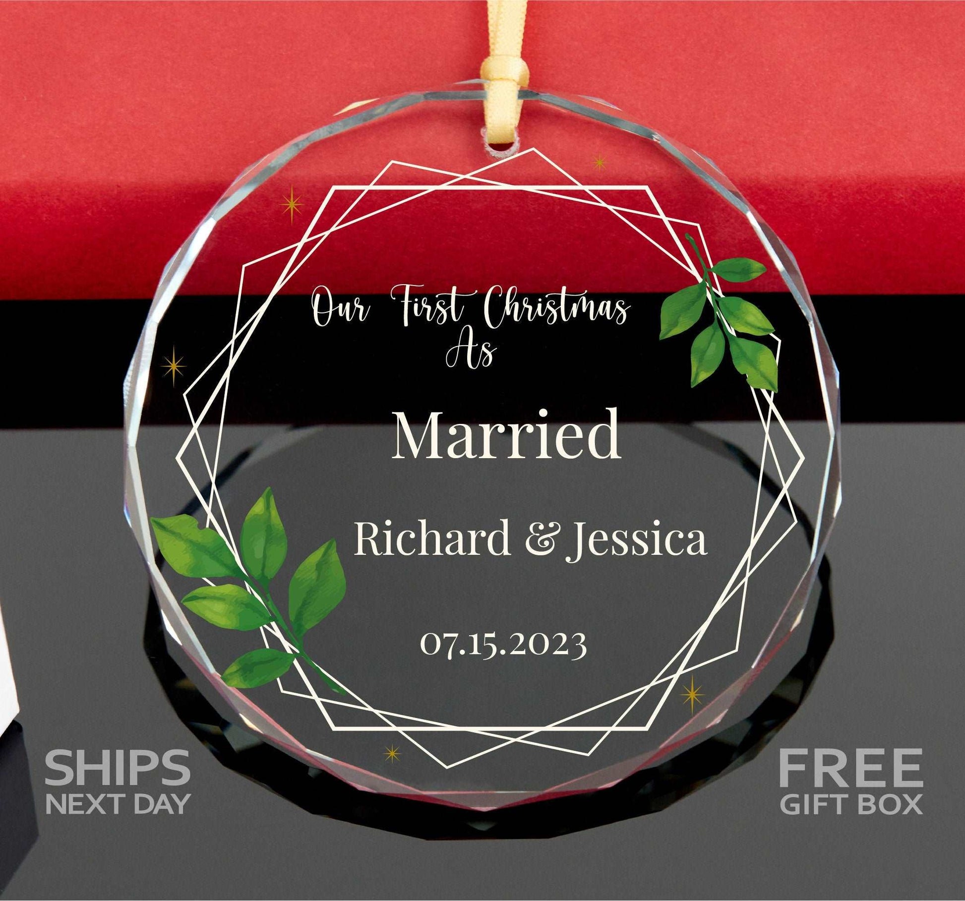 Personalized First Christmas as Married Ornament • Newlywed Gift • Wedding Christmas Gift • Clear Glass Ornament 
