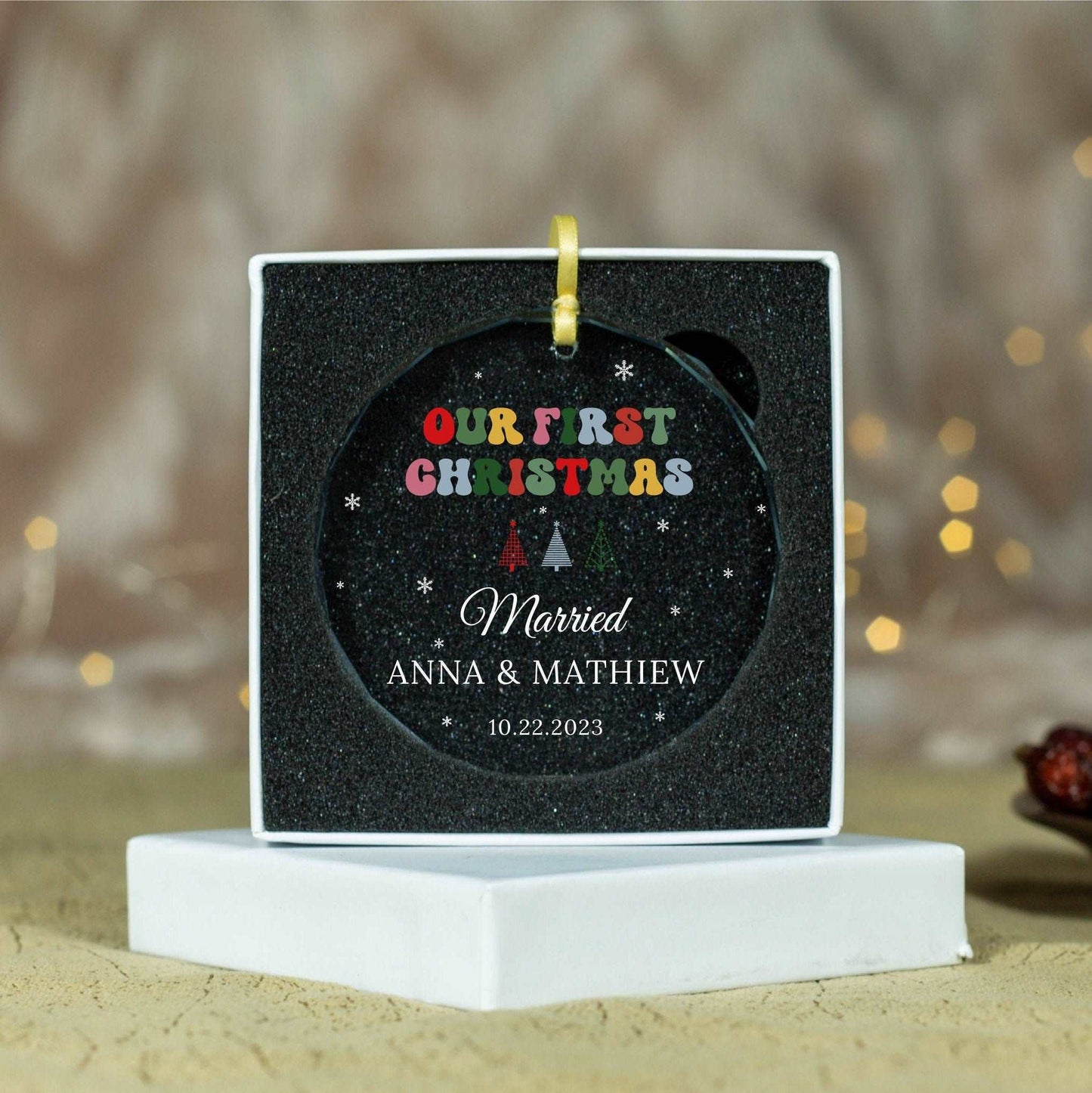 Personalized First Christmas as Married Ornament • Newlywed Gift for Christmas • Groovy Font Married Ornament 