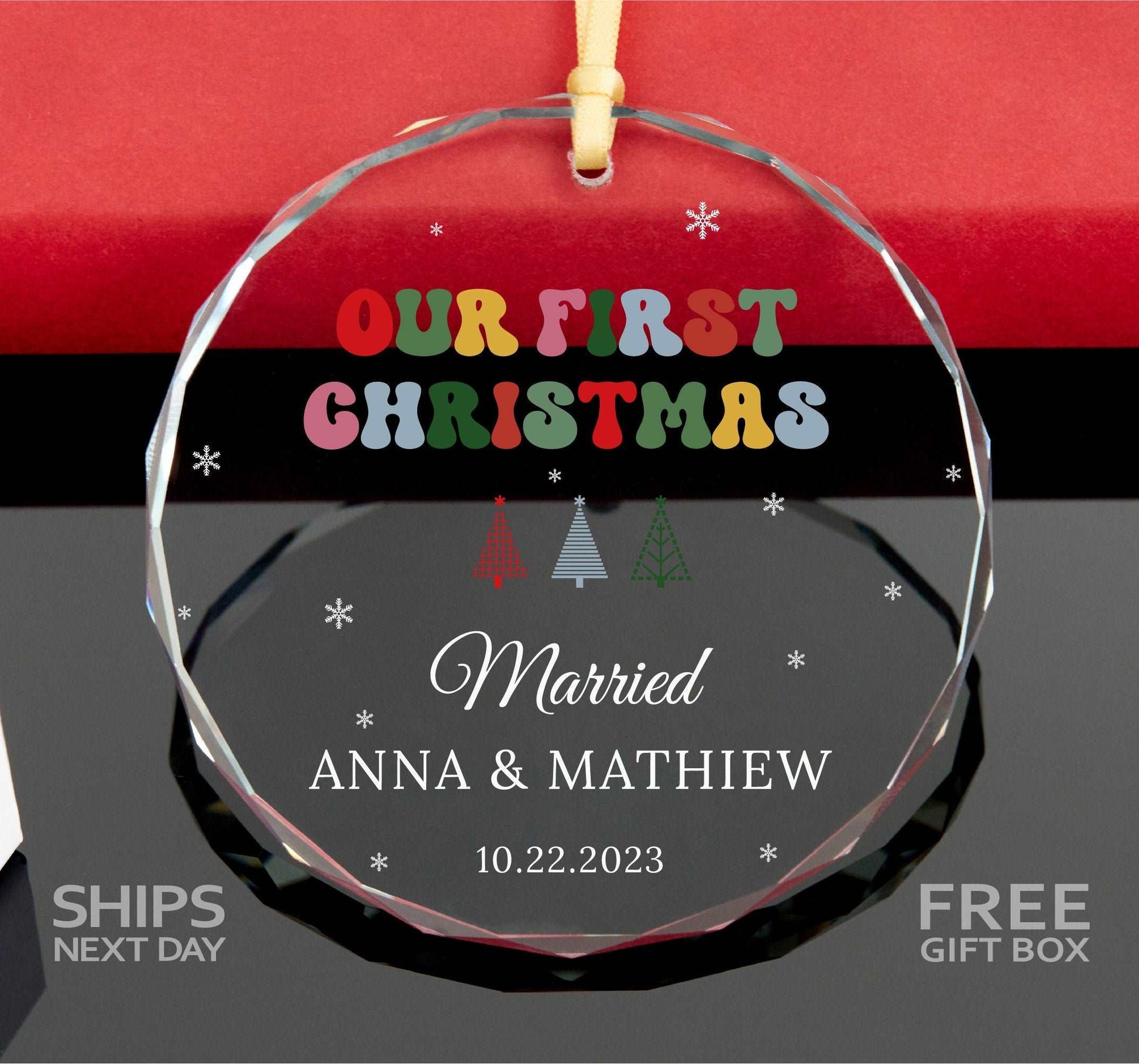 Personalized First Christmas as Married Ornament • Newlywed Gift for Christmas • Groovy Font Married Ornament 