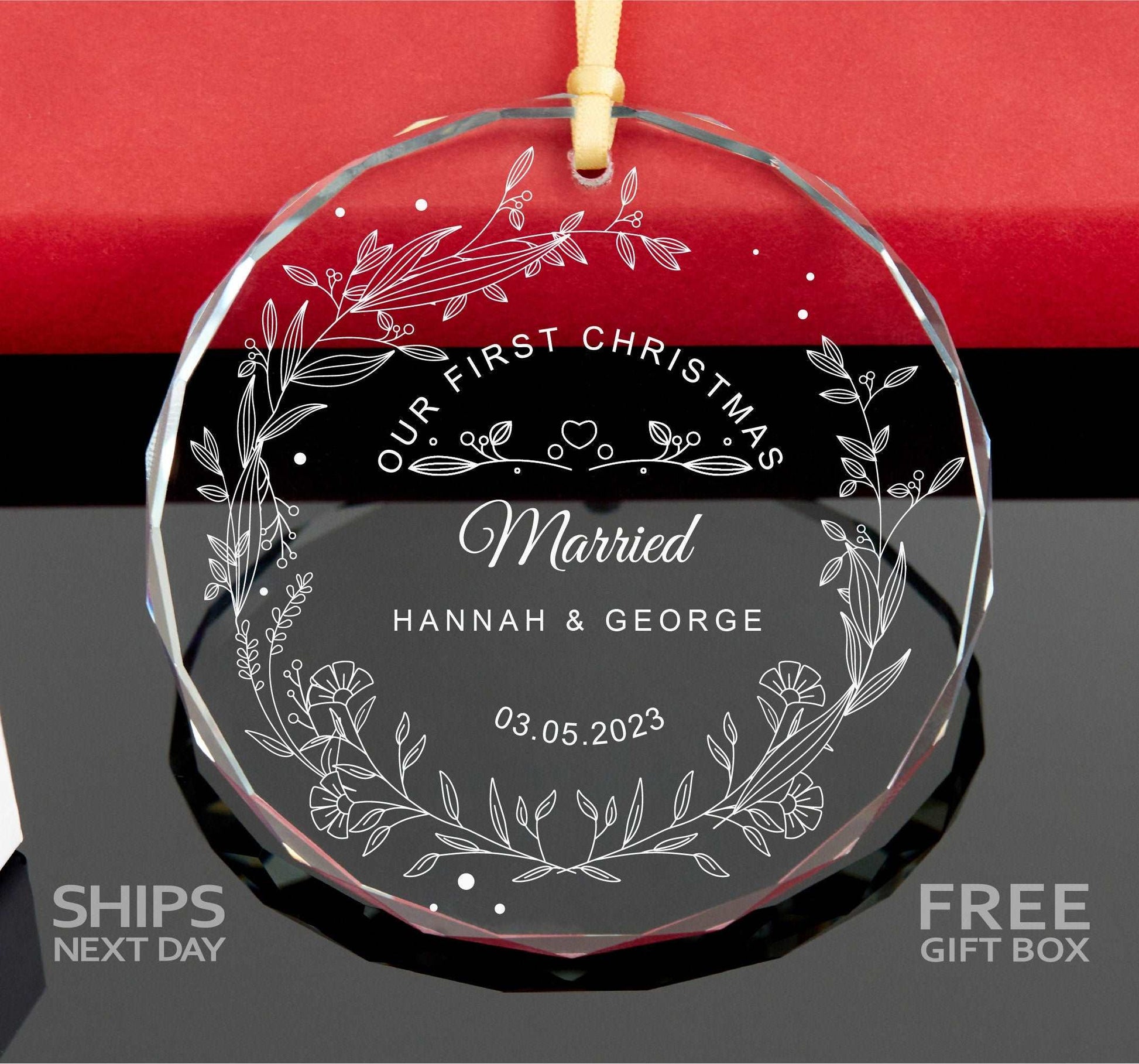 Personalized First Christmas as Married Ornament • Wedding Date ornament • Anniversary Gift • Engagement Gift • Christmas Tree Ornament 