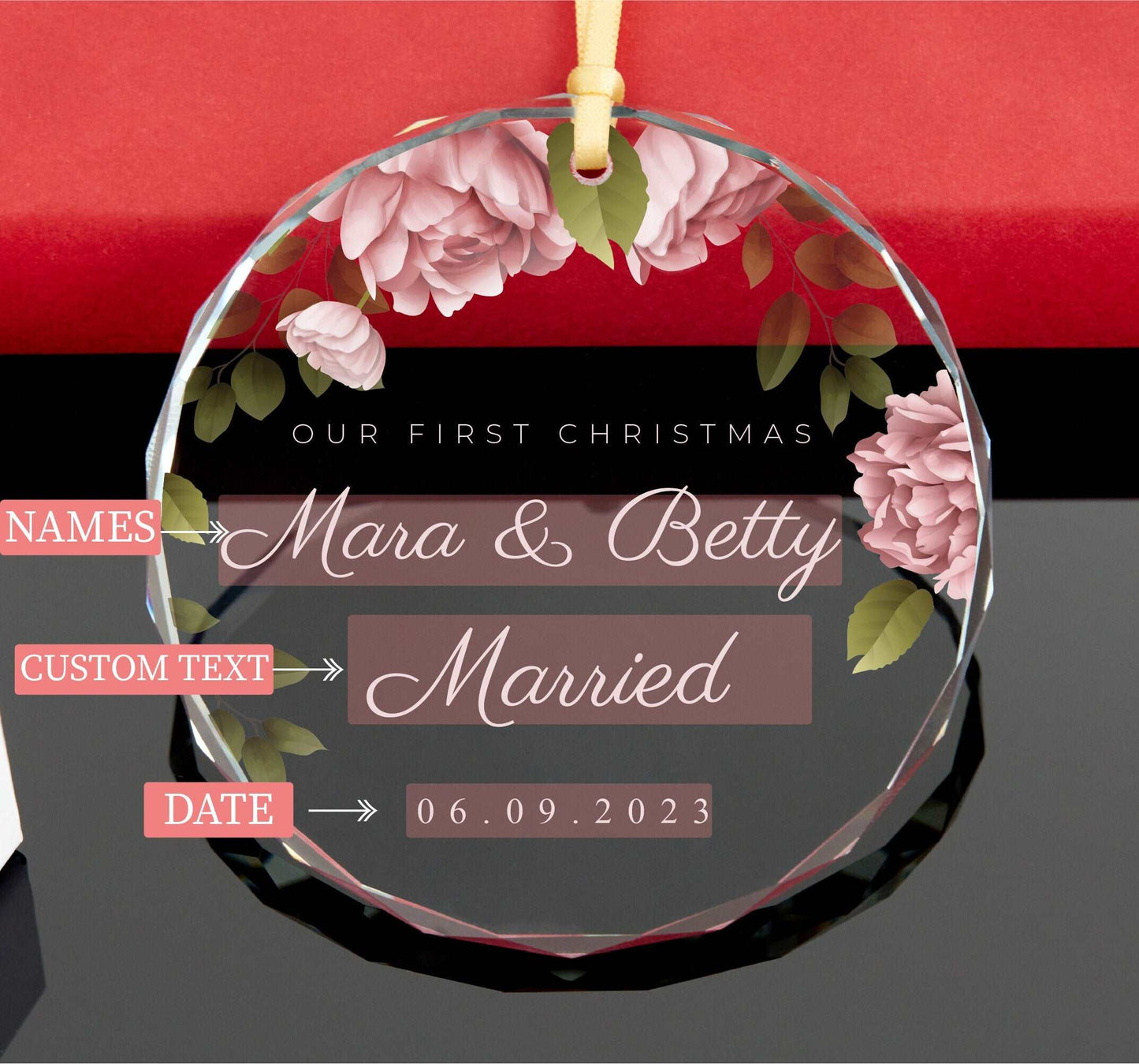 Personalized Floral First Christmas as Married Ornament •  First Christmas as Engaged Ornament • Couples Ornament 