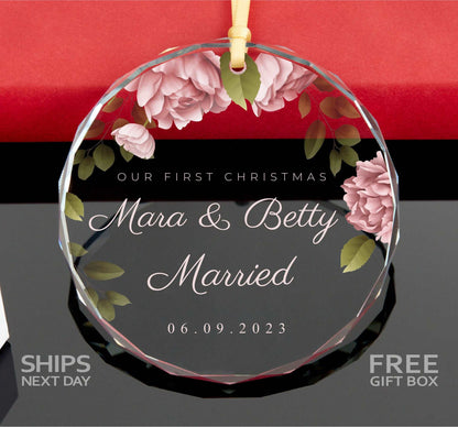 Personalized Floral First Christmas as Married Ornament •  First Christmas as Engaged Ornament • Couples Ornament 