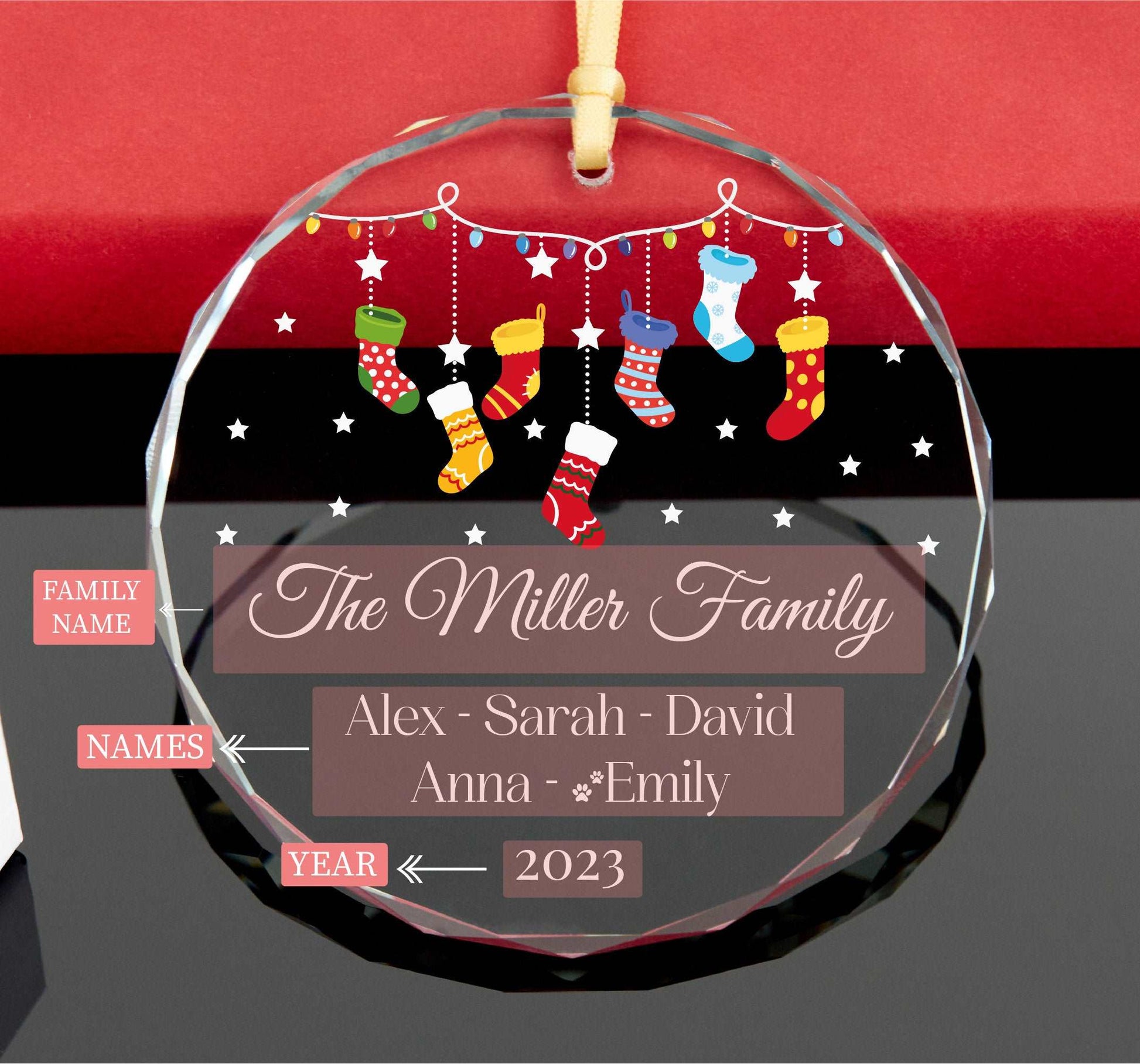 Personalized Stocking Family Christmas Ornament 2023 • Family Ornament with Pet Name • Family Members Ornament 