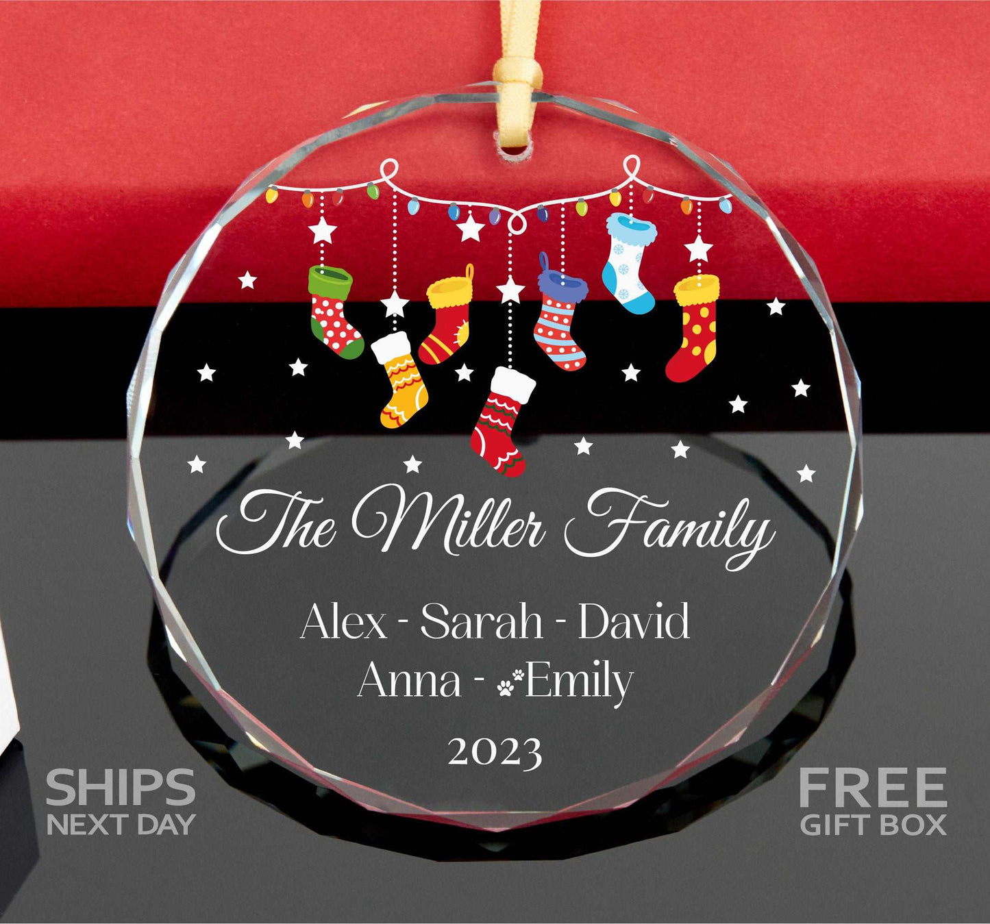 Personalized Stocking Family Christmas Ornament 2023 • Family Ornament with Pet Name • Family Members Ornament 