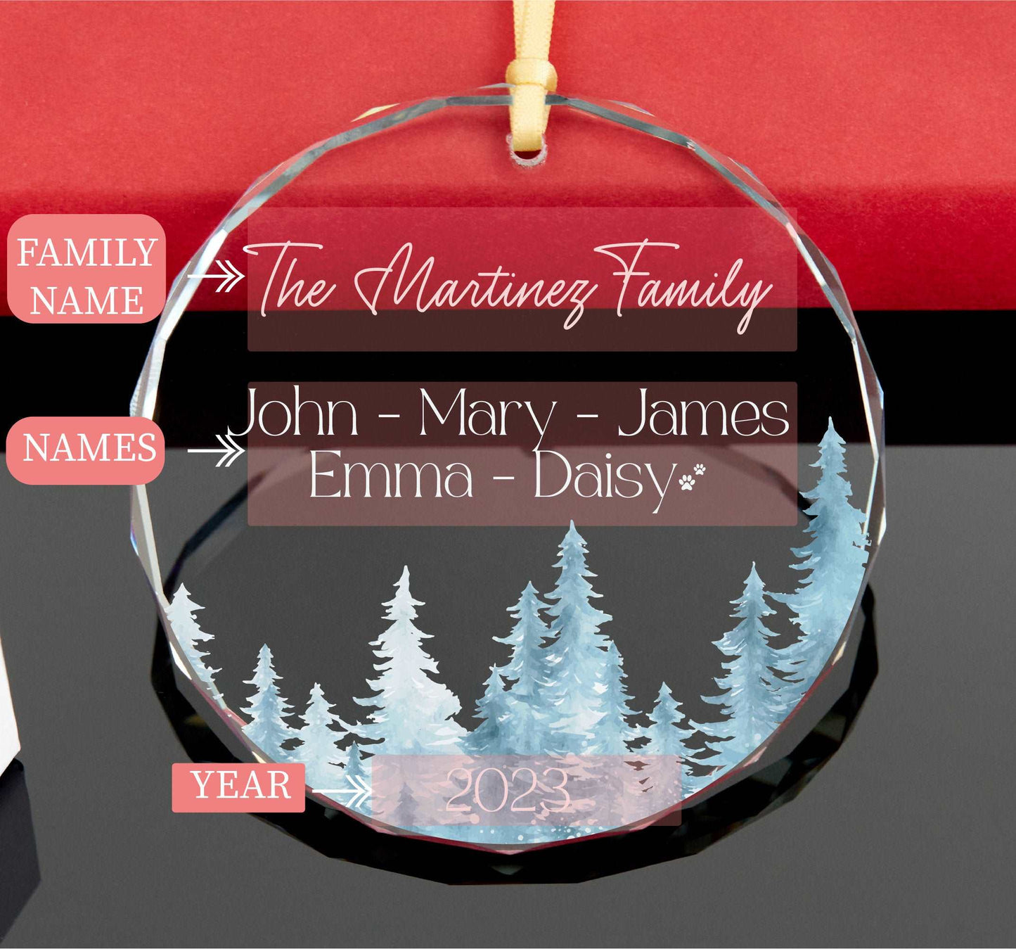 Snowy Trees Family Christmas Ornament with Pet Names • Custom Family Ornament • 2023 Christmas Family Ornament • GLASS Ornament 