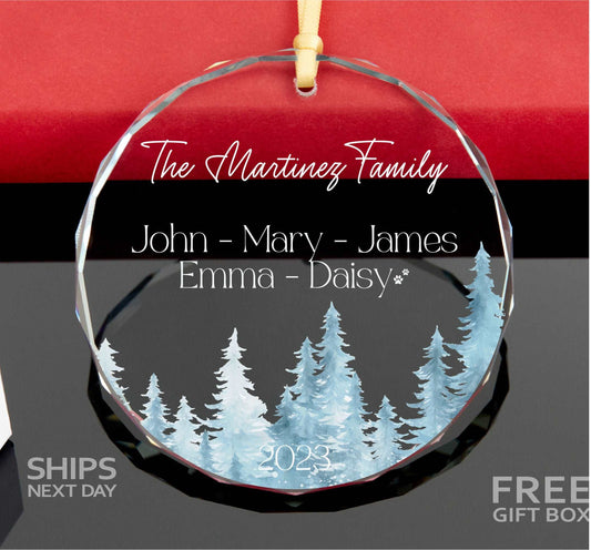 Snowy Trees Family Christmas Ornament with Pet Names • Custom Family Ornament • 2023 Christmas Family Ornament • GLASS Ornament 