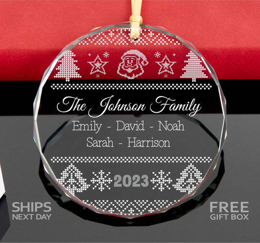 Ugly Sweater Family Christmas Ornament 2023 • Christmas Tree Glass Ornament • Family Name Ornament • Custom Ornament 