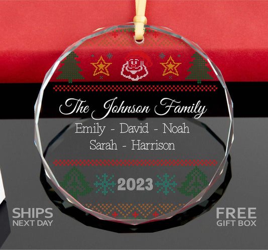 Ugly Sweater Family Ornament with Pet Names • 2023 Family Christmas Glass Ornament • Personalized Family Gift • Clear Glass Ornament 