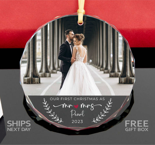 Wedding Photo Ornament • Mr and Mrs Ornament •  First Christmas As Married Ornament • First Year Married Ornament 