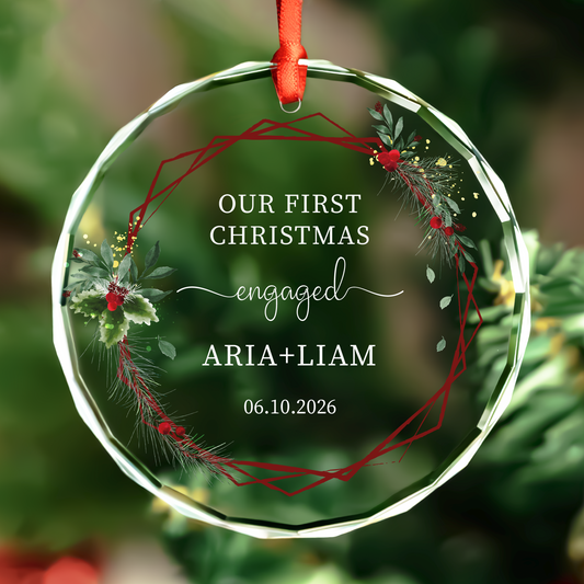 Personalized Floral Round Glass Ornament, First Christmas Engaged