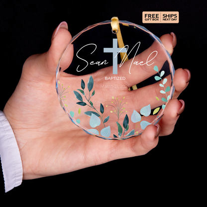 Blue Leaves Cross Baptism Ornament