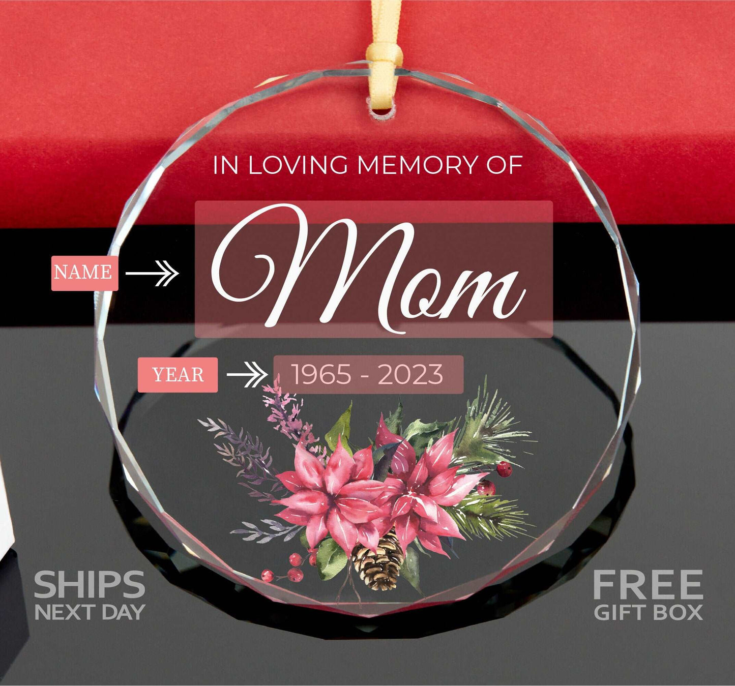 a glass ornament with a picture of flowers on it