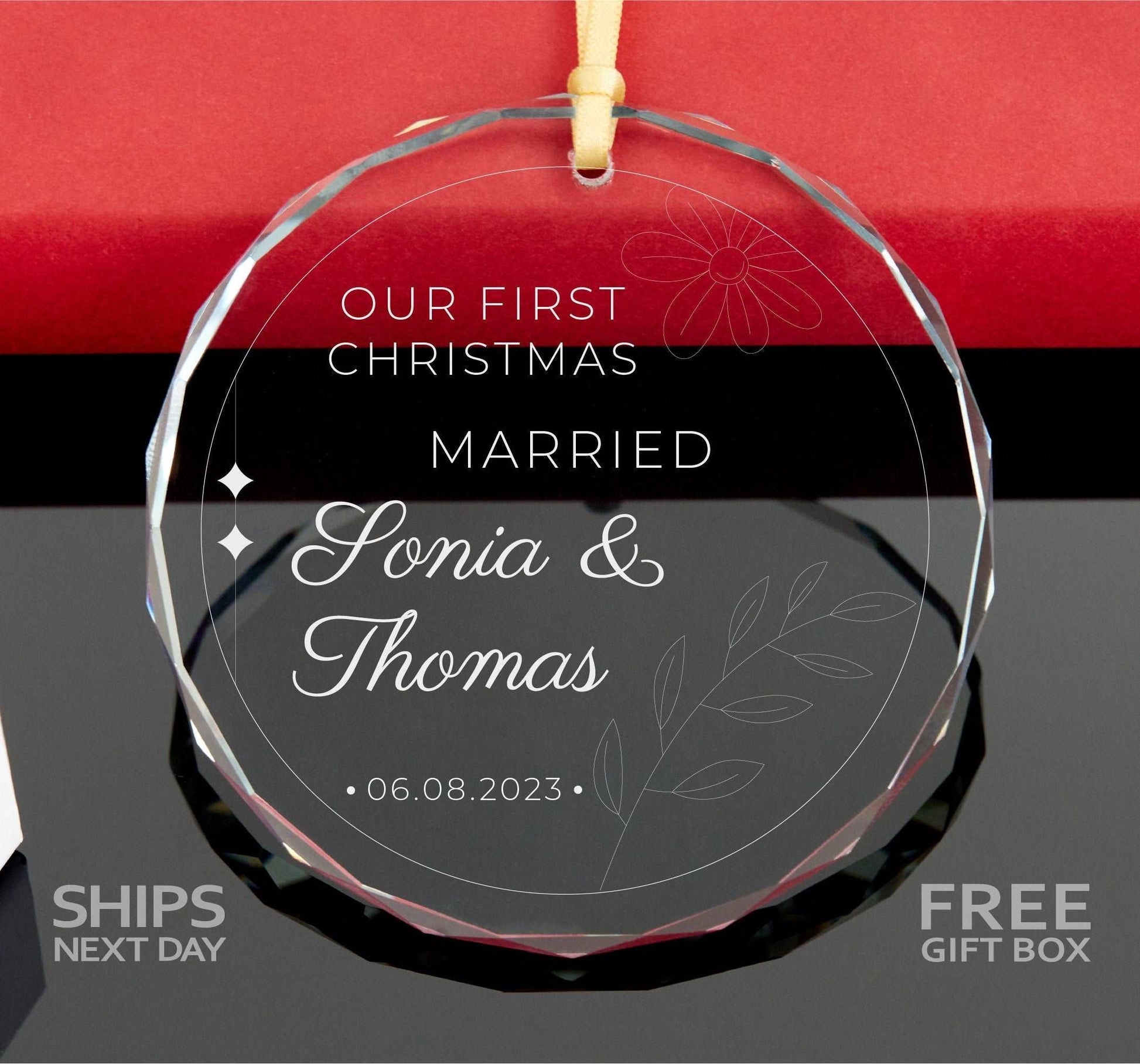 a glass ornament with a picture of a couple on it