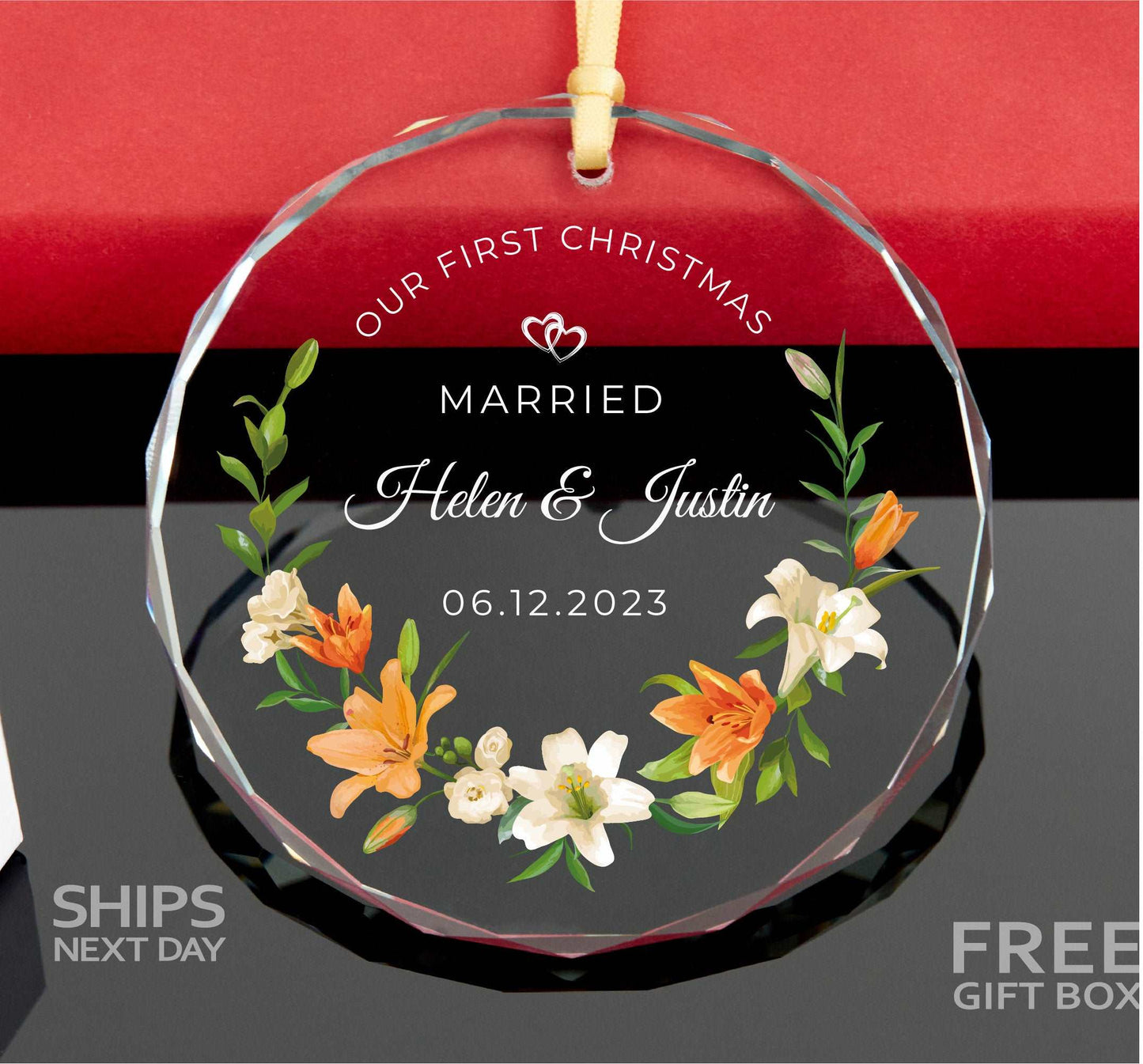 Personalized Floral Married Ornament • First Christmas Wedding Date Ornament