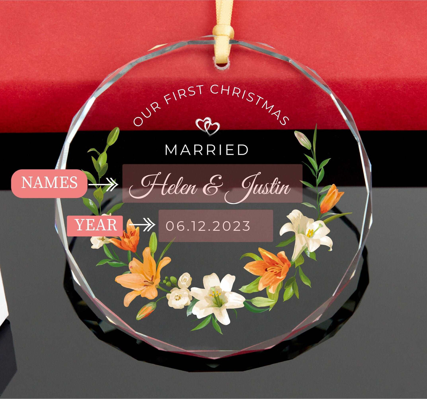 Personalized Floral Married Ornament • First Christmas Wedding Date Ornament