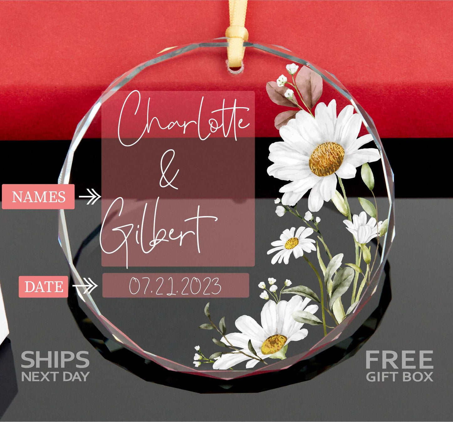 Personalized Daisy Engagement Ornament • Wedding Ornament • Custom Engagement Gift • Anniversary Gift