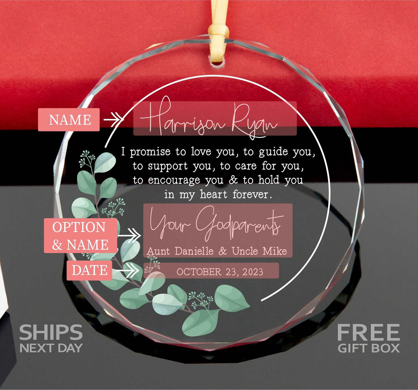a personalized glass ornament with a message on it