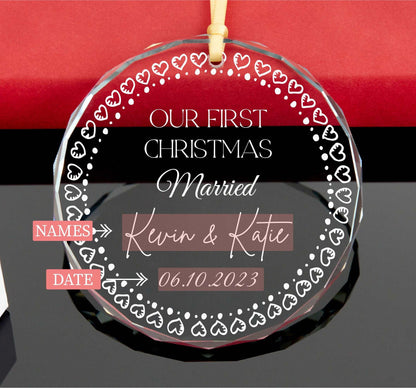 a personalized glass ornament with hearts on it