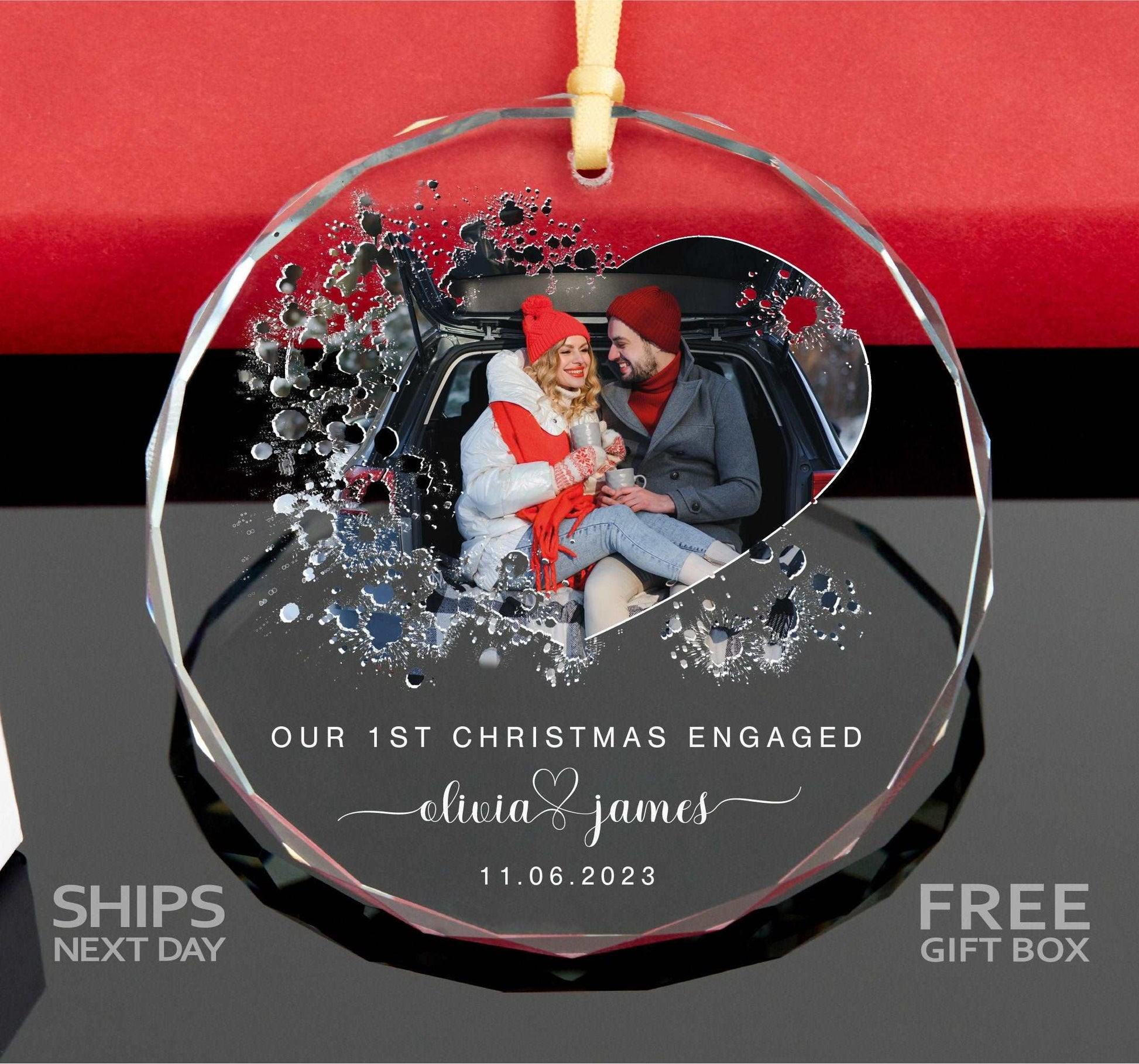 Personalized First Christmas Engaged Photo Ornament