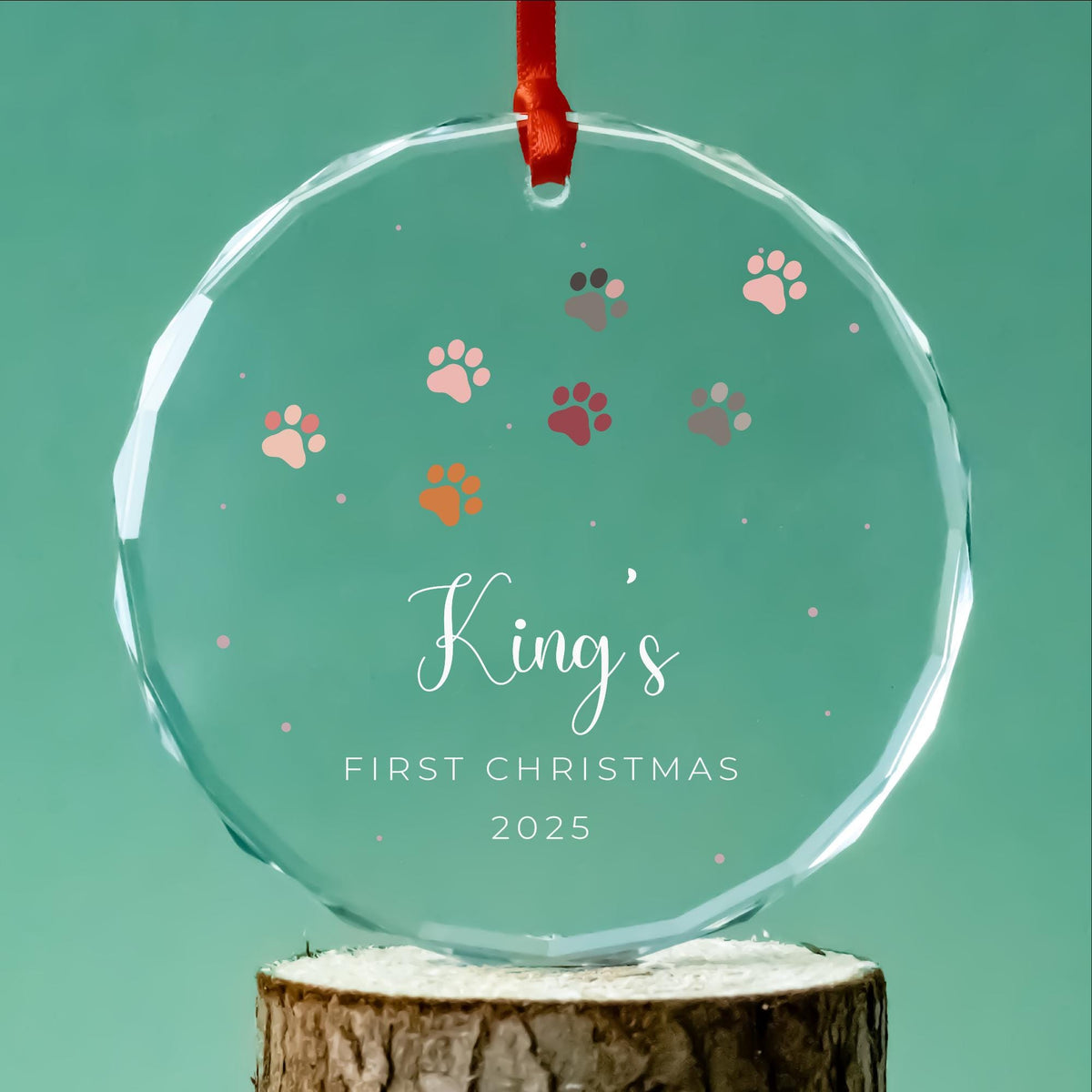 Personalized dog adoption glass ornament for a first Christmas